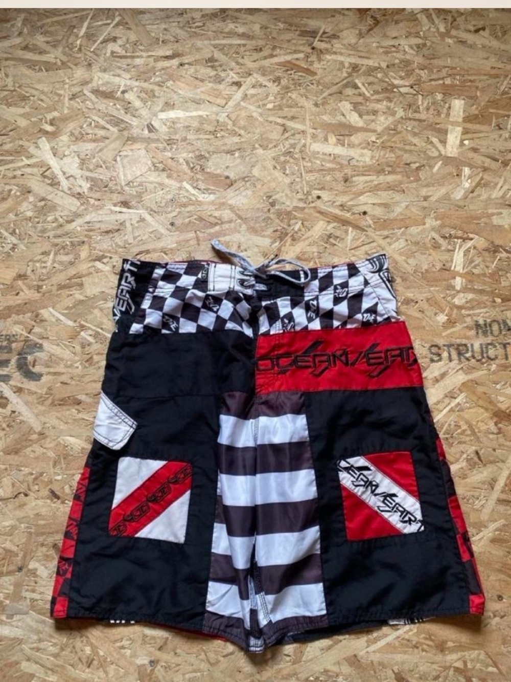 Checkerboard & Red Panel Ocean & Earth Y2K Board Shorts